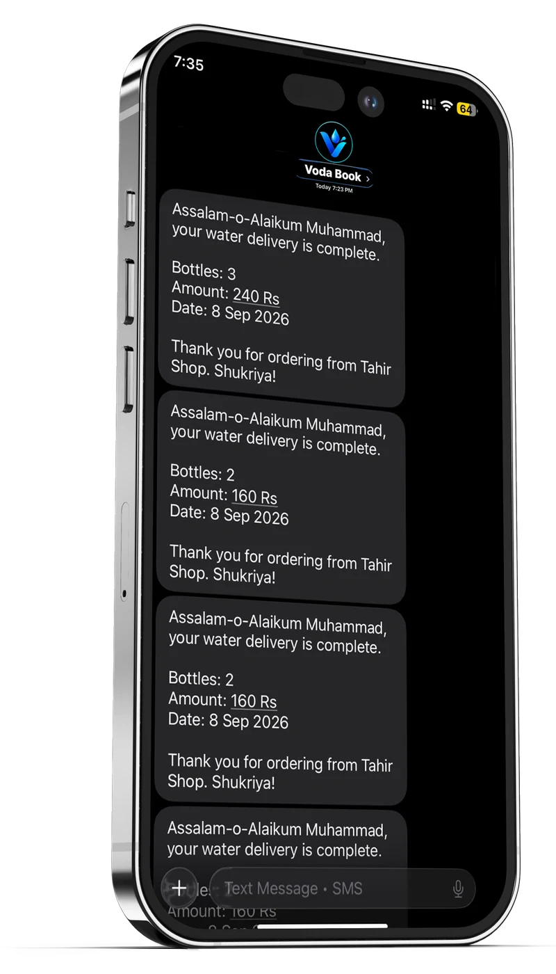 A phone showing VodaBook SMS delivery receipts