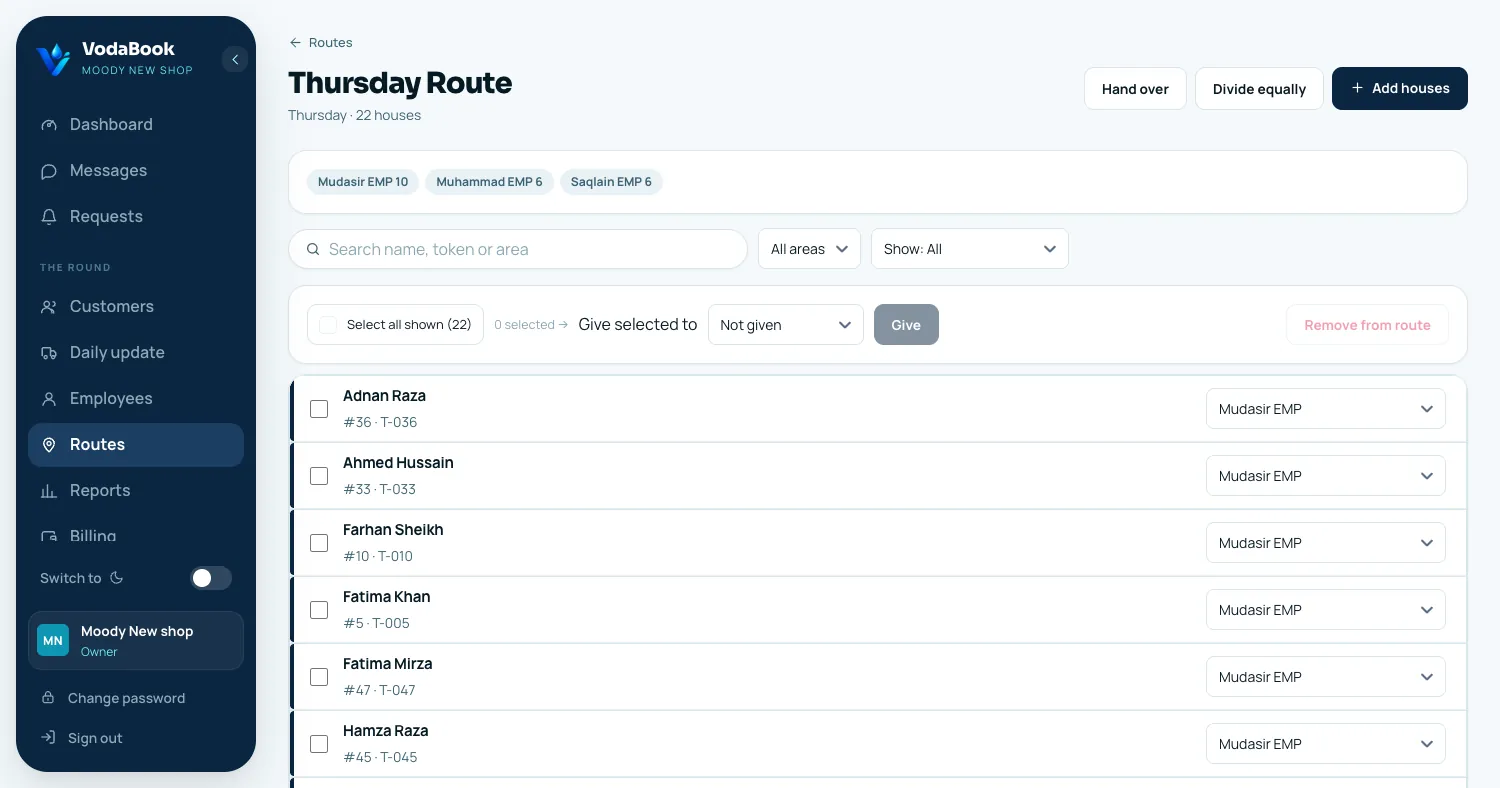 A Thursday route split between three employees